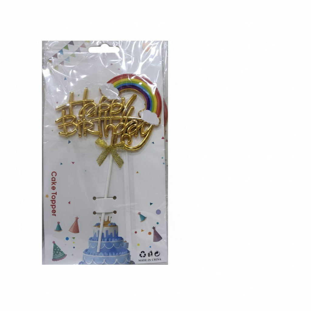 'Happy Birthday' Cake Topper - Vibrant Rainbow & Cloud Theme Decoration (TPR230)