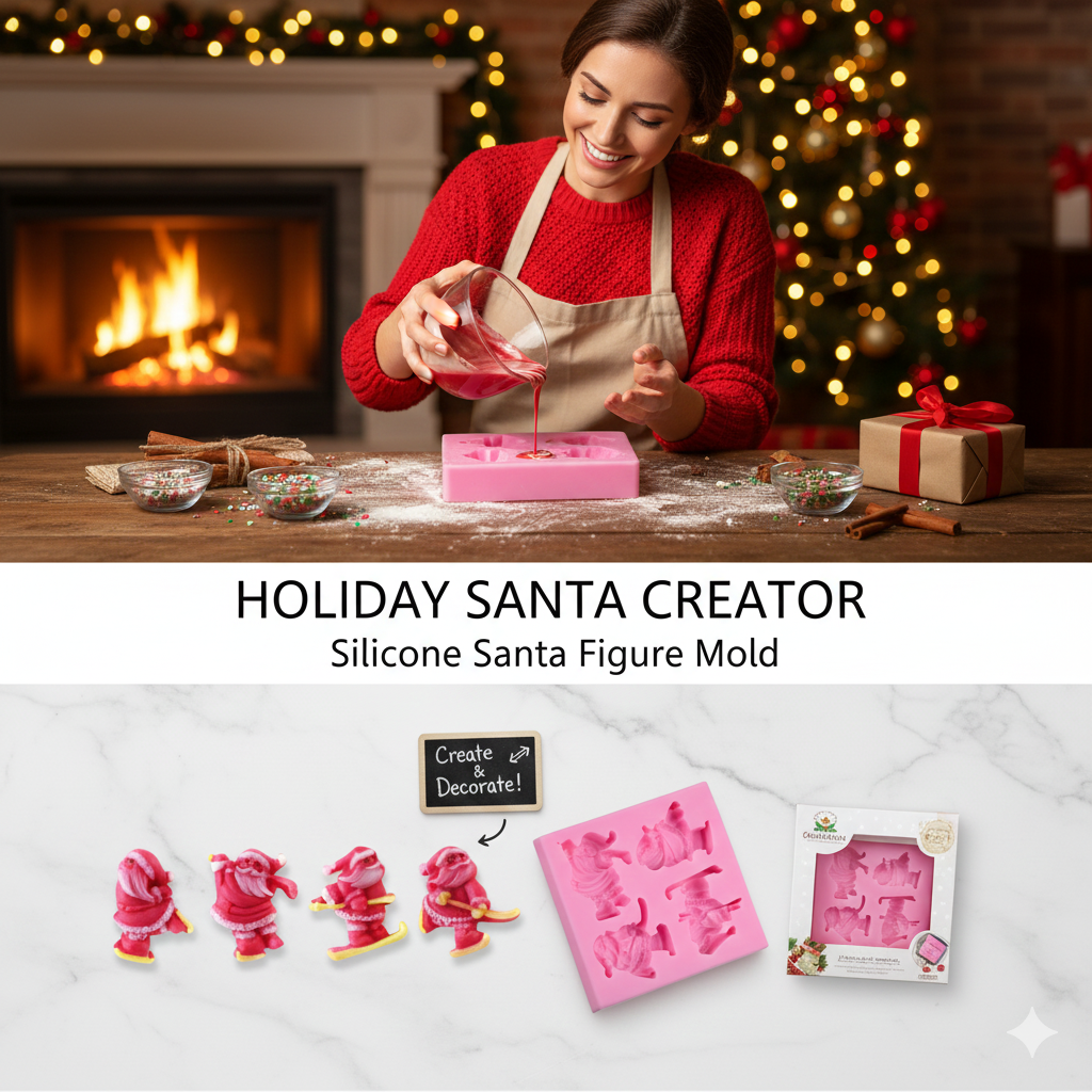4-Cavity Action Santa Claus Sports Silicone Mold – Skiing & Dancing Christmas Toppers | FM158