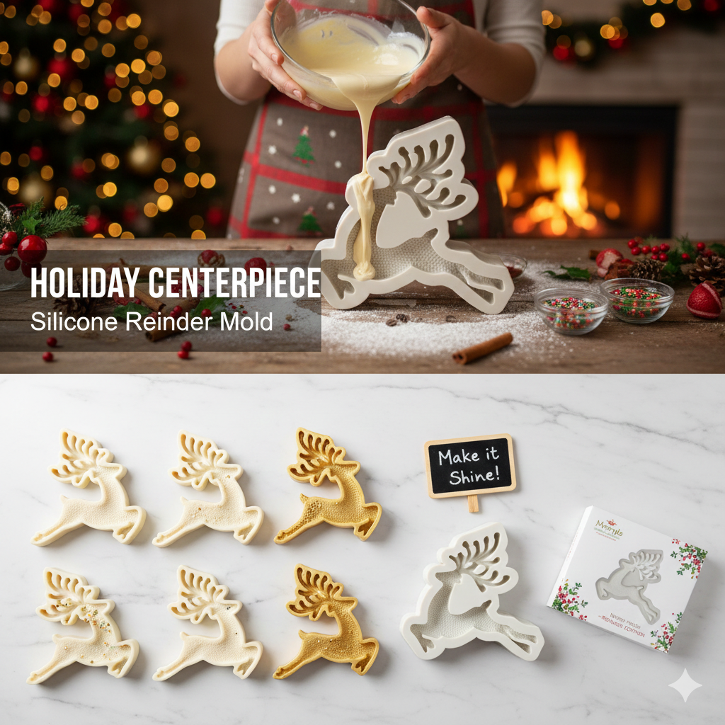 Detailed Flying Reindeer / Jumping Caribou Silicone Mold – Christmas Cake Topper | FM178