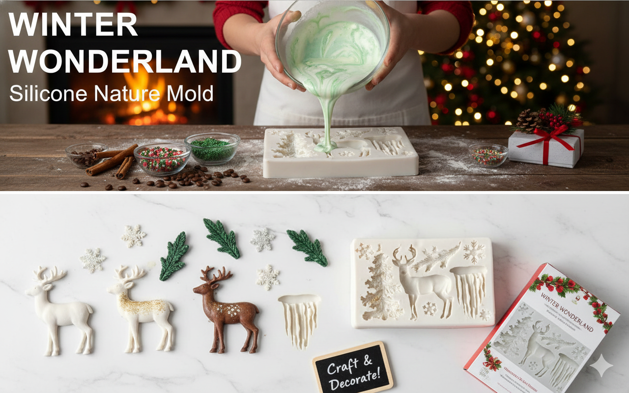 5-in-1 Winter Scene Silicone Mold – Reindeer, Pine Tree, Icicles & Snowflakes | FM161