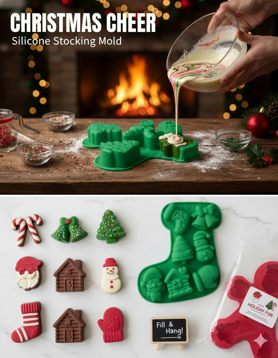 7-Cavity Christmas Stocking Shaped Mold – Santa, Tree, Snowman & Bell Elements | CM005