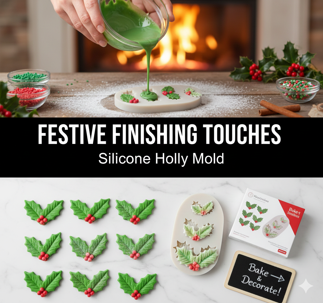 3-Cavity Detailed Holly Leaf & Berry Silicone Mold – Christmas Cake Decor | FM177