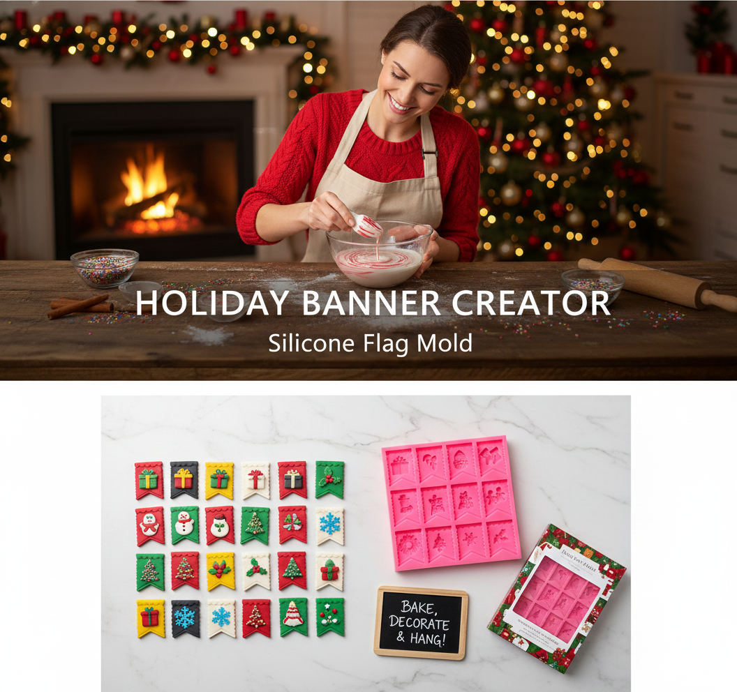 12-Cavity Christmas Banner Flag Silicone Mold – Gift, Santa, Holly & Snowman Toppers | FM166