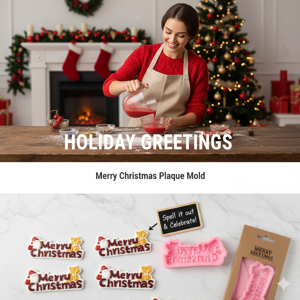 FM145 Merry Christmas Silicone Mold with Santa & Bell – Fondant, Chocolate & Resin Craft