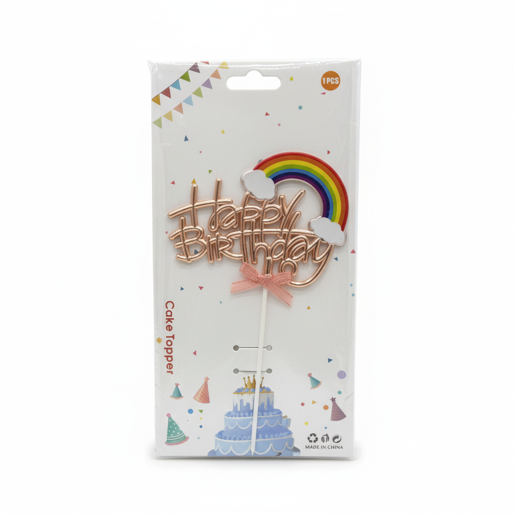 'Happy Birthday' Cake Topper - Vibrant Rainbow & Cloud Theme Decoration (TPR230)
