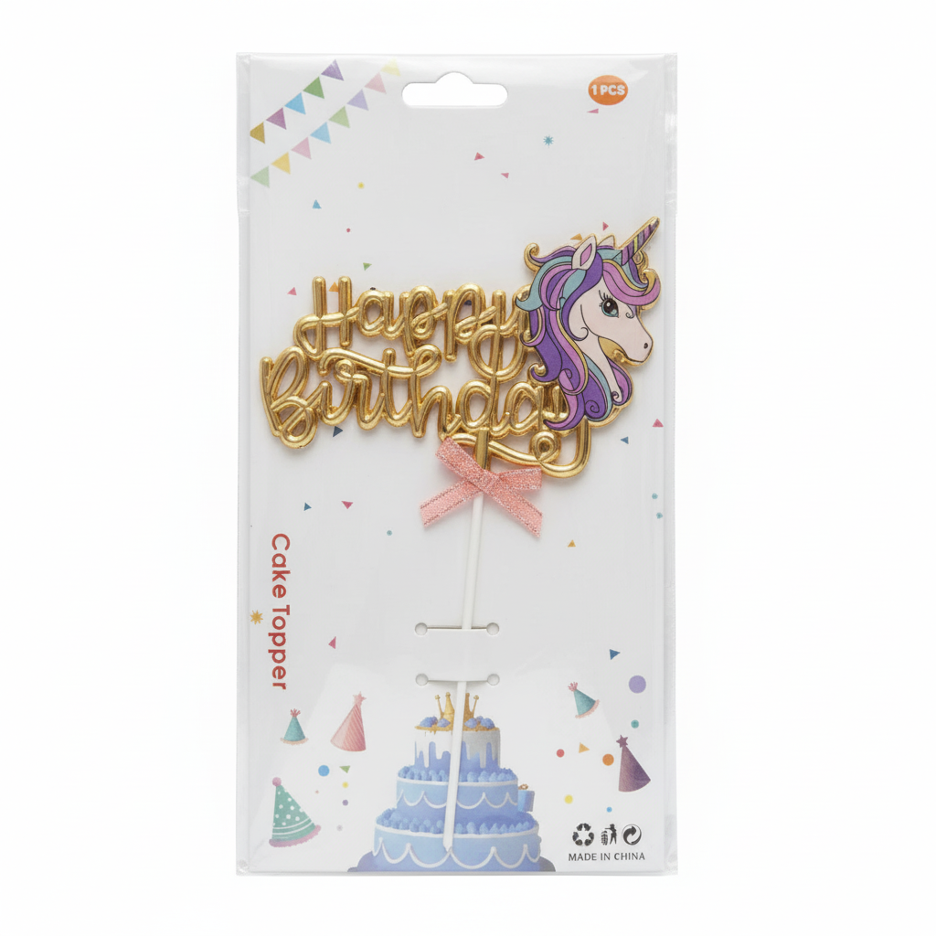 Glitter 'Happy Birthday' Cake Topper - Magical Unicorn Princess Theme Decoration (TPR229)