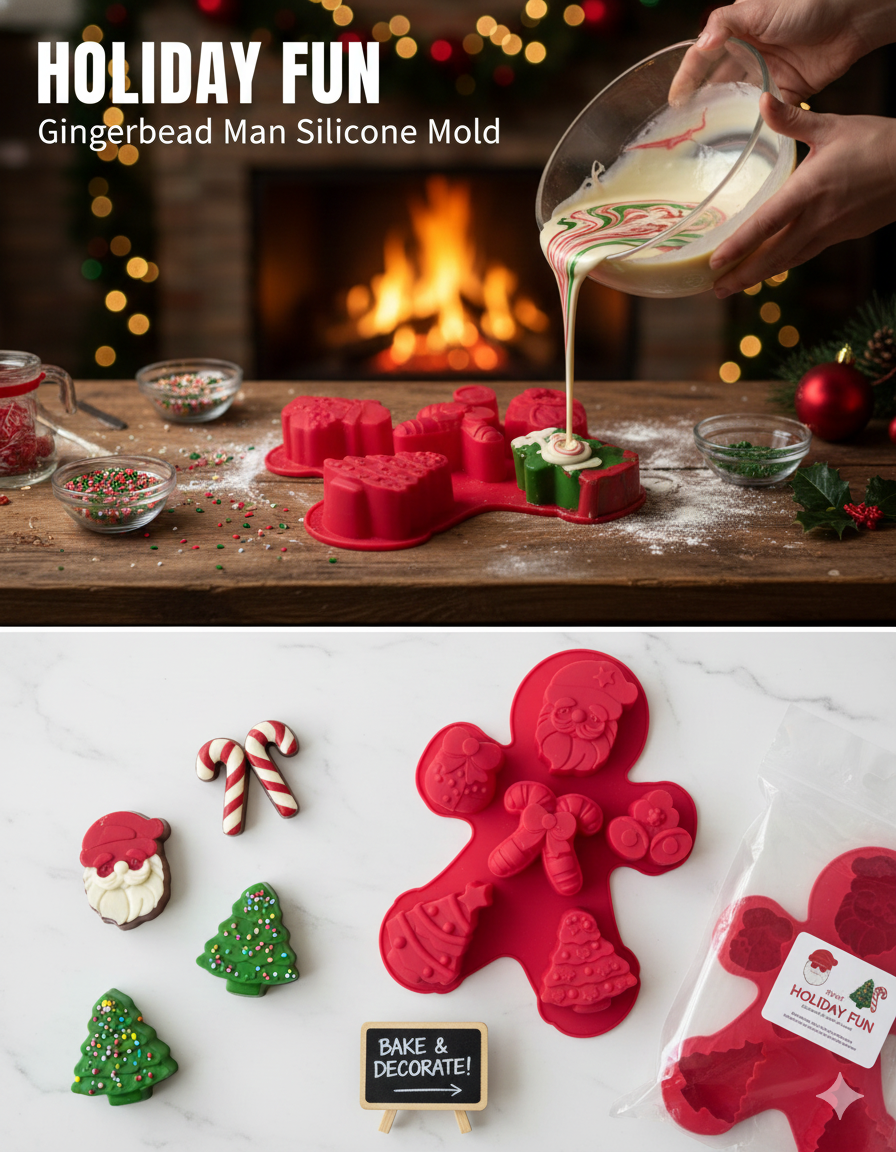 6-Cavity Gingerbread Man Shaped Christmas Mold – Santa, Gifts, Bells & Tree Elements | CM231