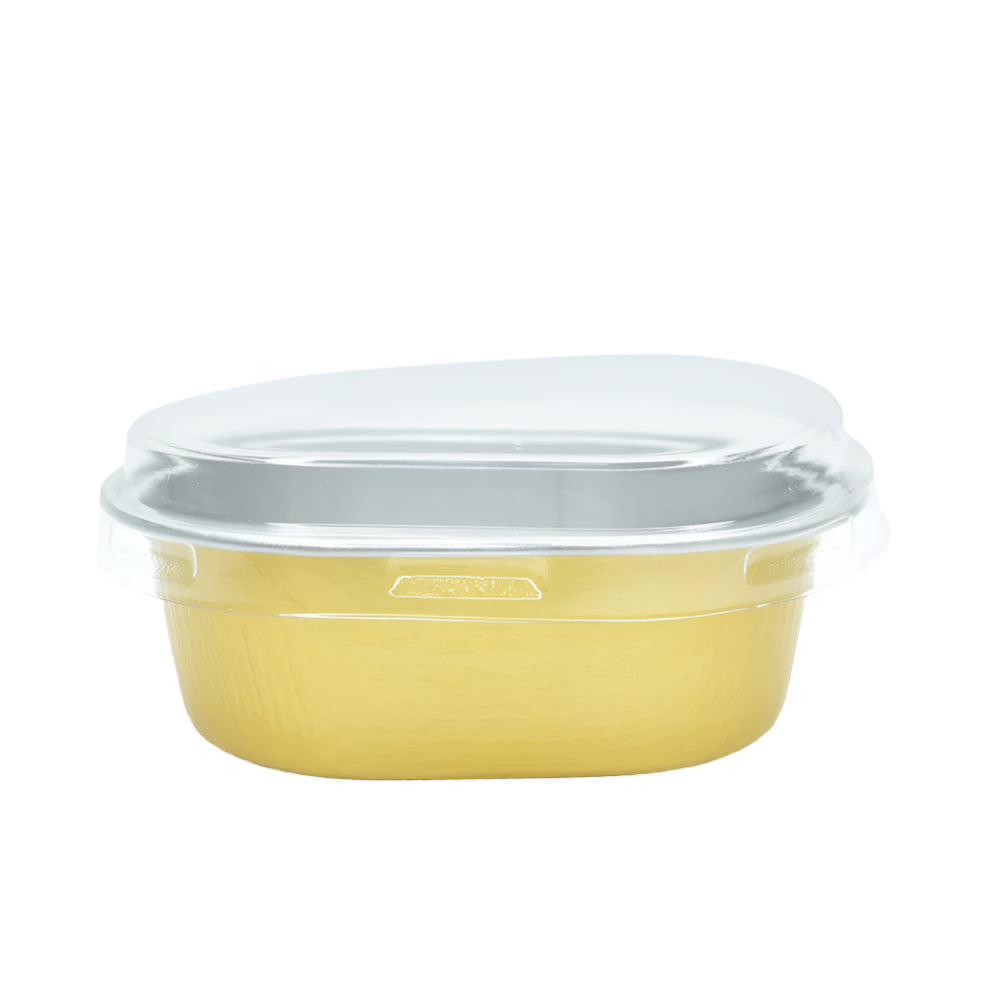 Golden Egg Shaped Foil Container with a lid on top on a white background.