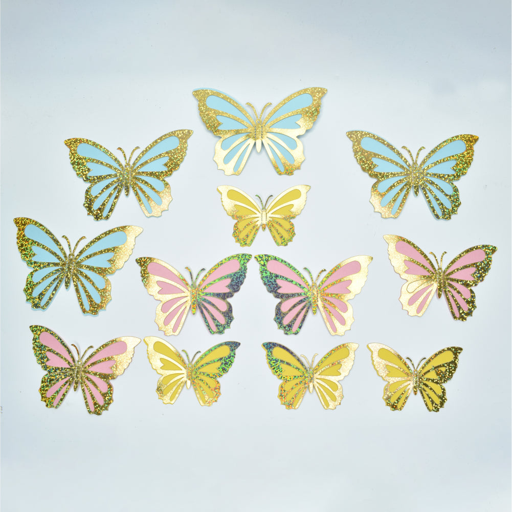 Golden Glitter Blue Yellow & Pink Butterfly Cake Toppers arranged on a white background for clear view