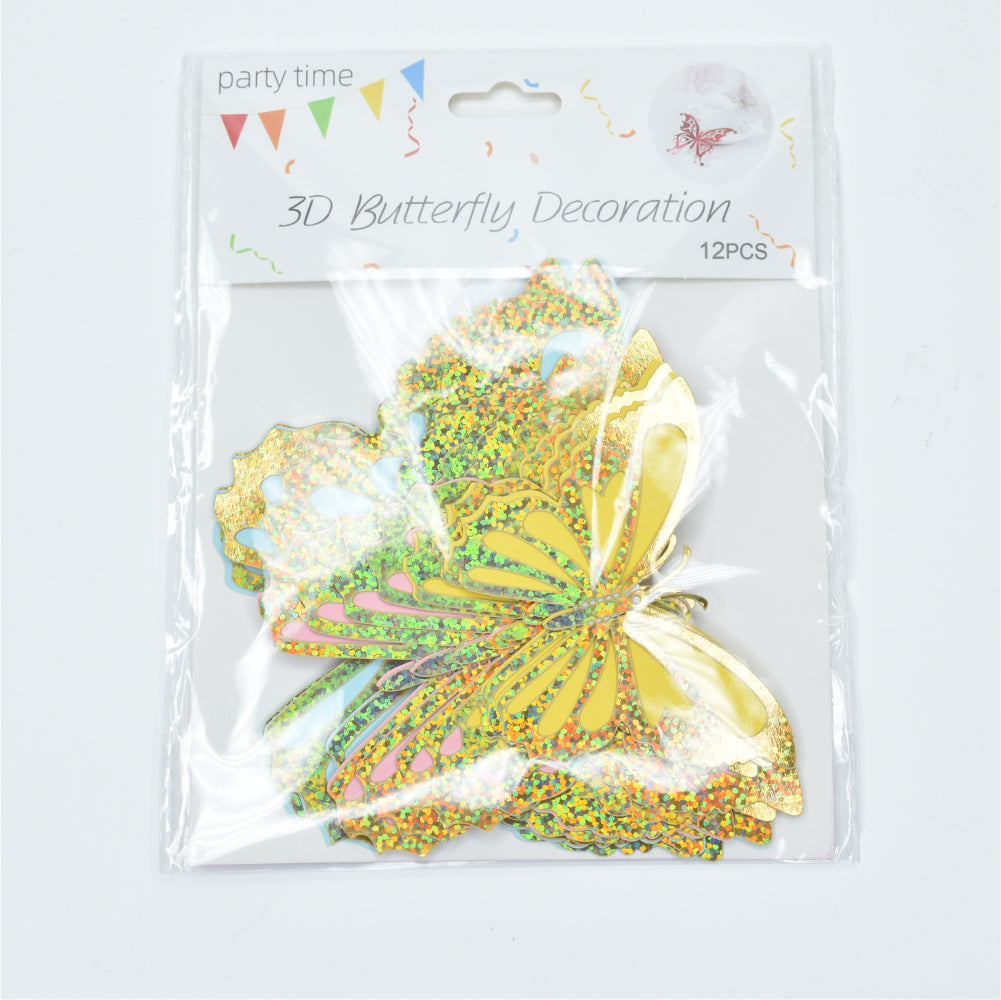 Golden Glitter Blue Yellow & Pink Butterfly Cake Topper packet displayed on a white background for clear view