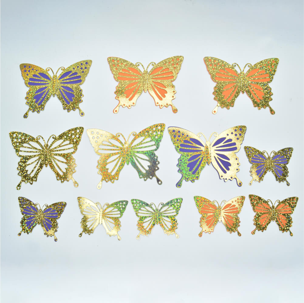 Golden Glitter Orange & Purple Butterfly Cake Toppers arranged on a white background for clear view