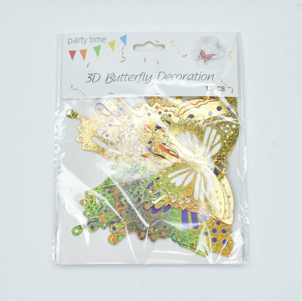 Golden Glitter Blue Orange & Purple Butterfly Cake Topper packet displayed on a white background for clear view