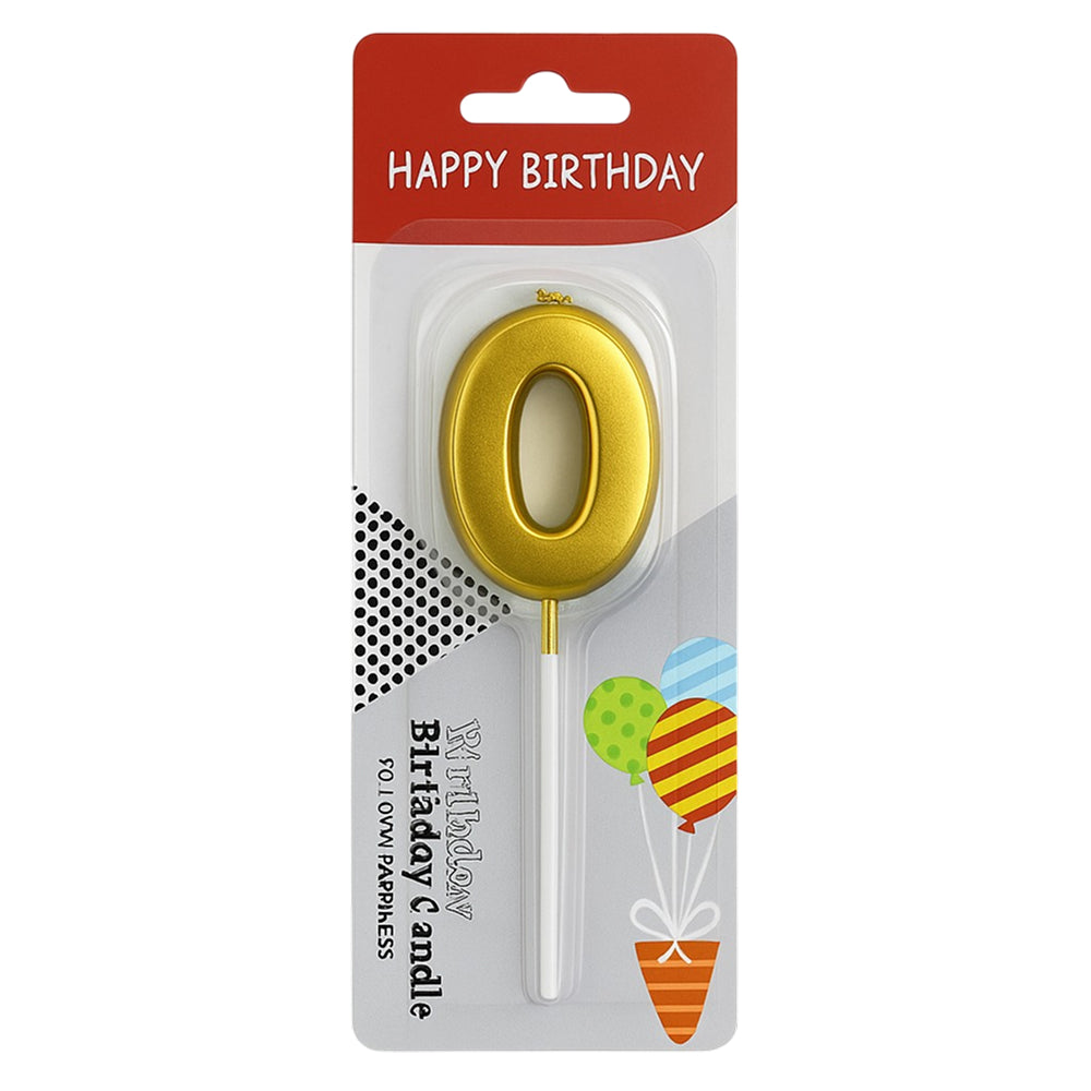 Close-up of Golden Number 0 Candle in packaging on white background