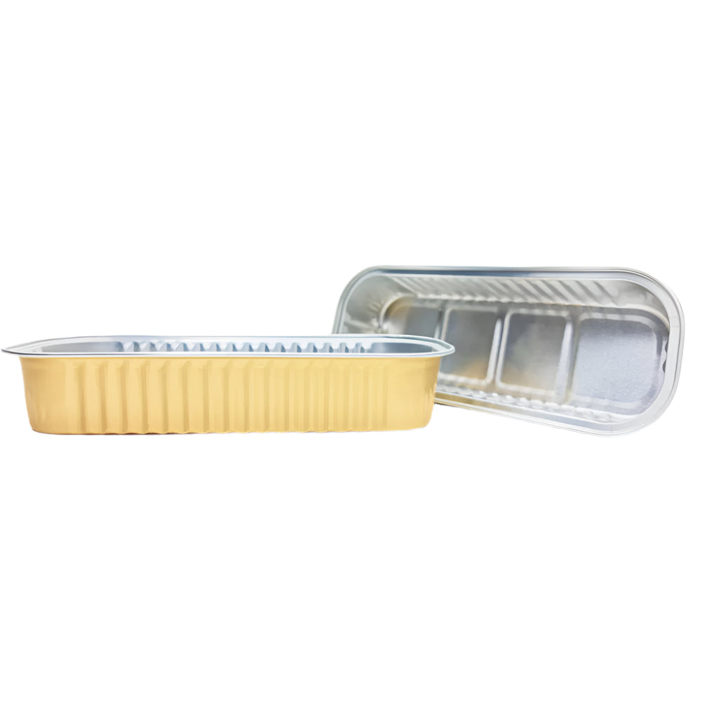 Two Golden Rectangular Foil Containers placed side by side on a white background