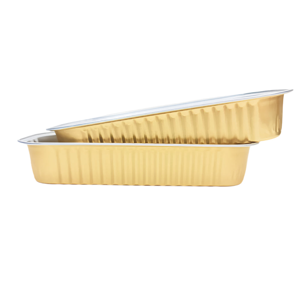 Two Golden Rectangular Foil Containers stacked sideways on a white background