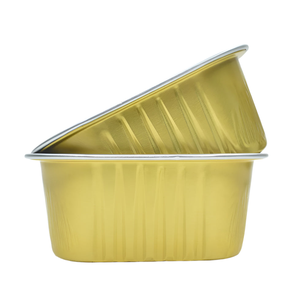 Golden Square Foil Containers, one placed sideways on top of the other, on a white background.