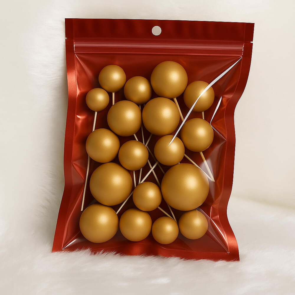Golden matte faux balls in assorted sizes sealed inside a transparent zip-lock packet – ideal for modern cake decoration or DIY crafts