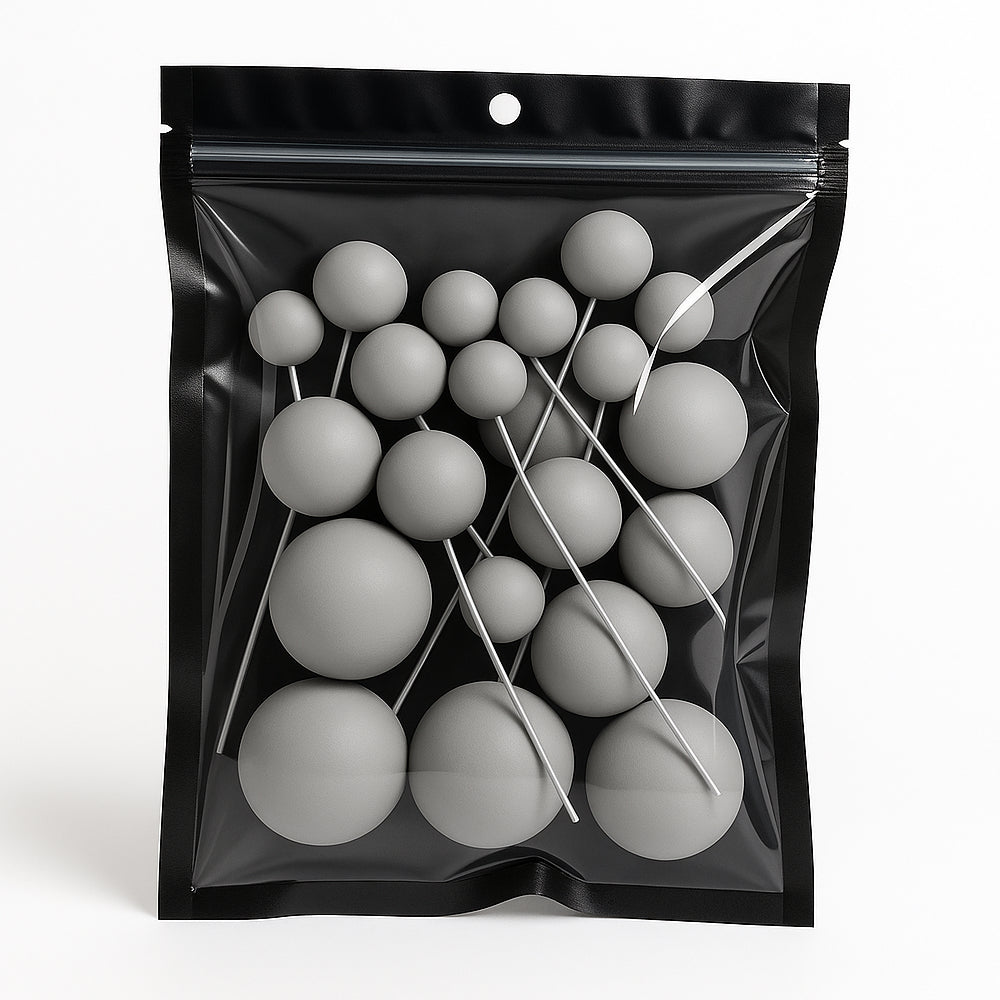Gray matte faux balls in assorted sizes sealed inside a transparent zip-lock packet – ideal for modern cake decoration or DIY crafts