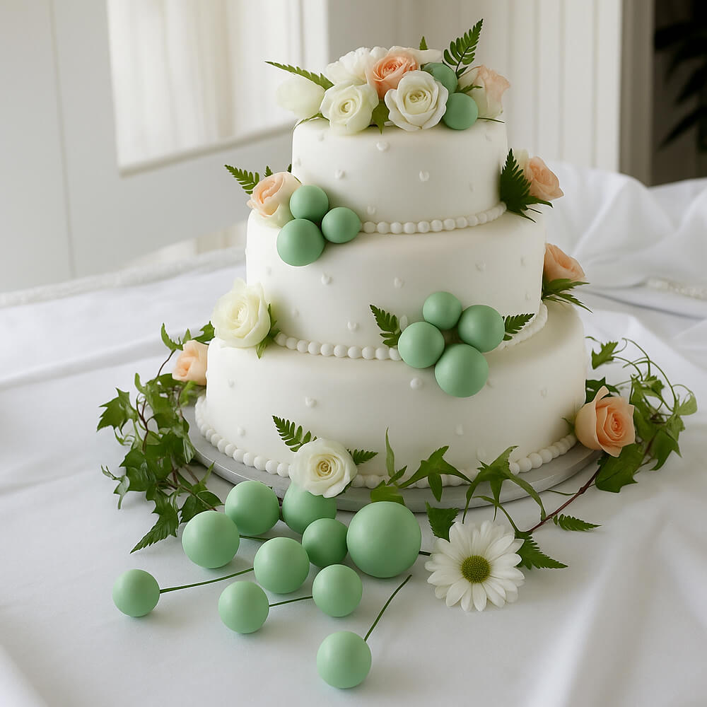 Green Matte Faux balls used as elegant cake toppers, adding a stylish touch to a finished cake for parties and celebrations.
