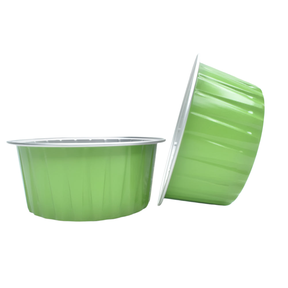 Green Round Foil Containers, one placed sideways on the side of the other, on a white background.