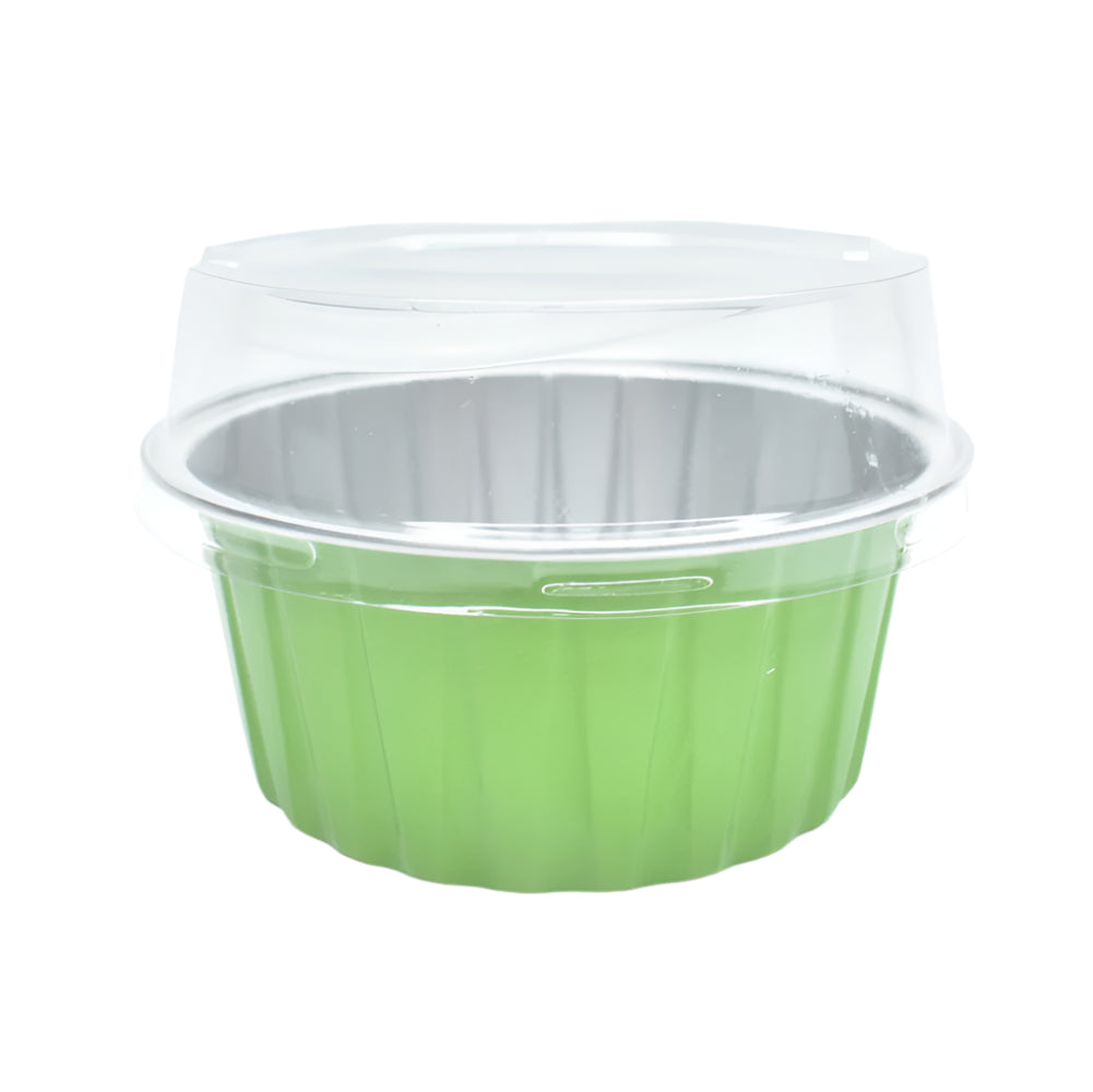 Green Round Foil Container with a lid on top on a white background.