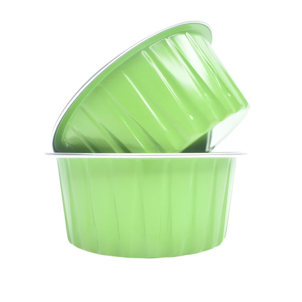 Green Round Foil Containers, one placed sideways on top of the other, on a white background.
