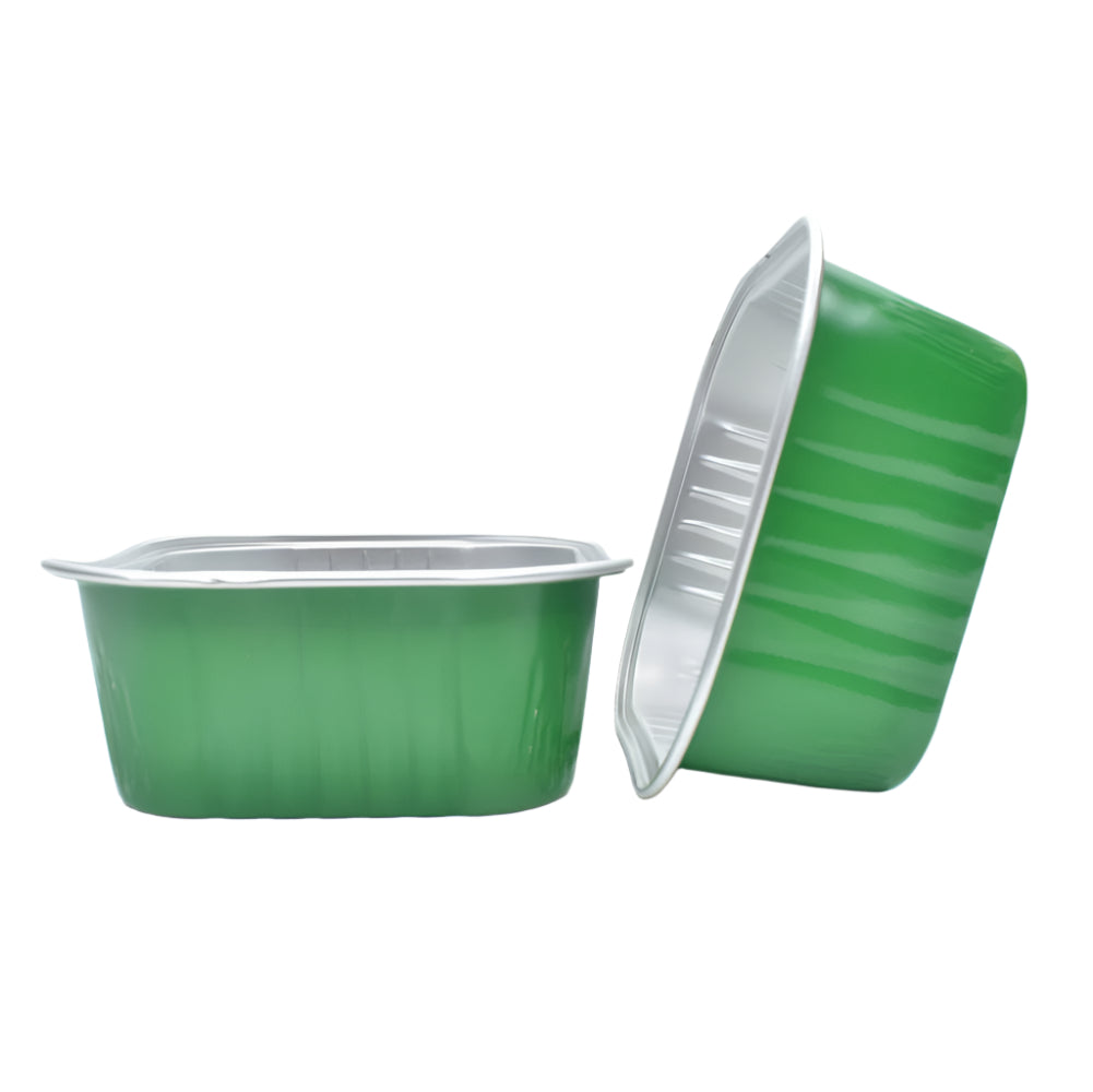 Green Square Foil Containers, one placed sideways on the side of the other, on a white background.
