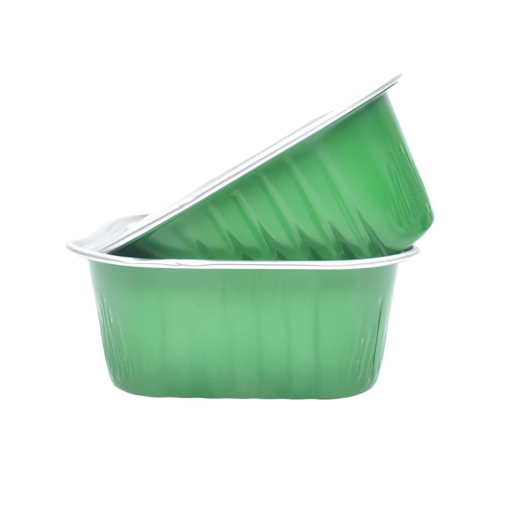 Green Square Foil Containers, one placed sideways on top of the other, on a white background.
