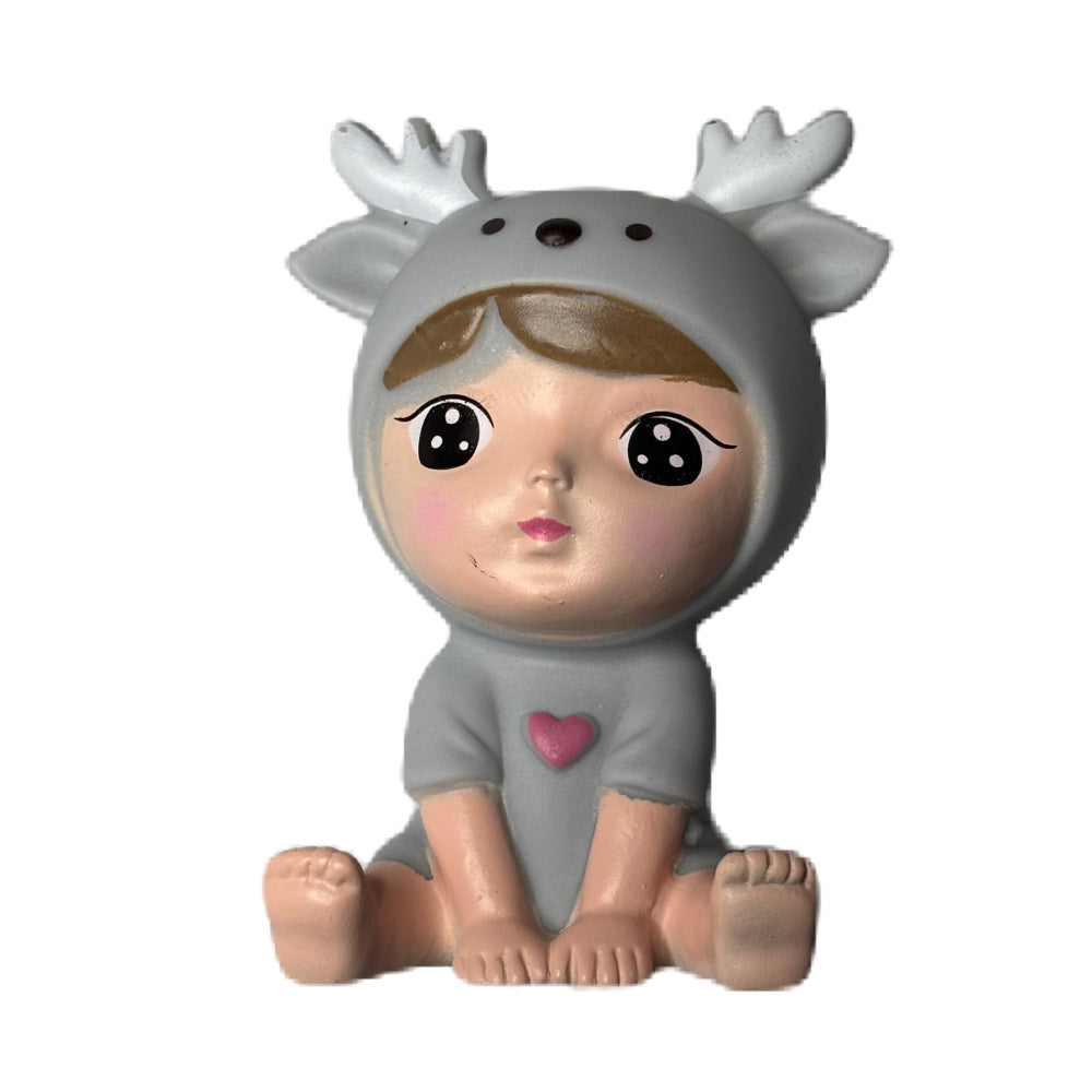 Close-up of Grey Small Sitting Doll Cake Topper on white background