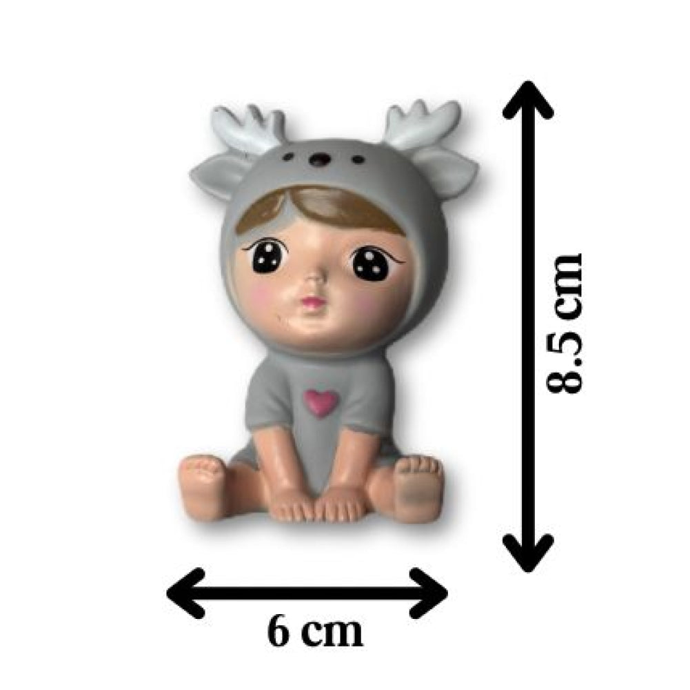 Grey Small Sitting Doll Cake Topper with size reference on white background
