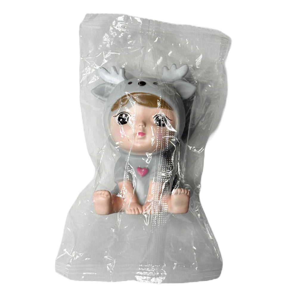 Grey Small Sitting Doll Cake Topper in packaging on white background