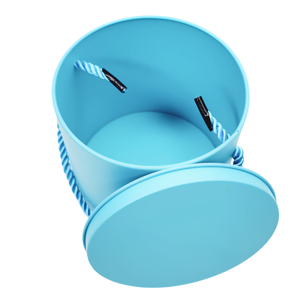 Hanging Rope Cake Tin Blue with lid shown at a slant angle on a white background for a detailed view.