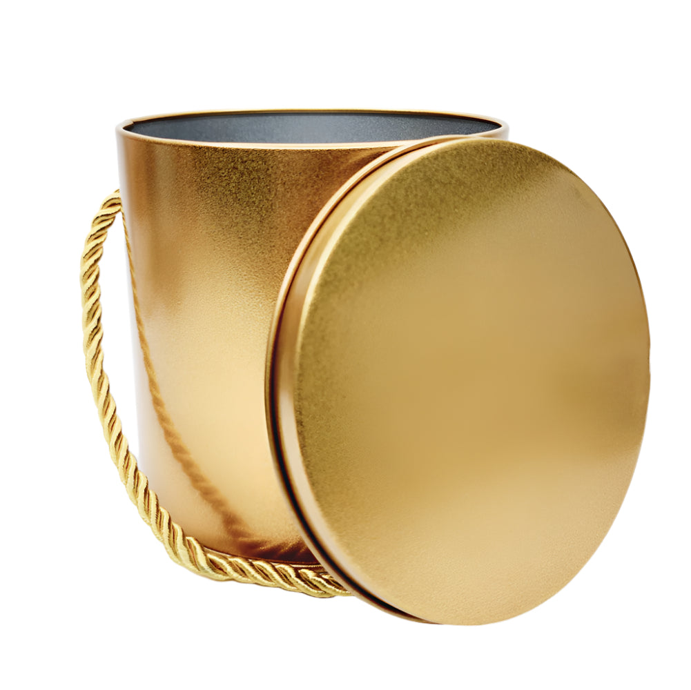 Hanging Rope Cake Tin Golden with lid placed on a white background for a clear view.