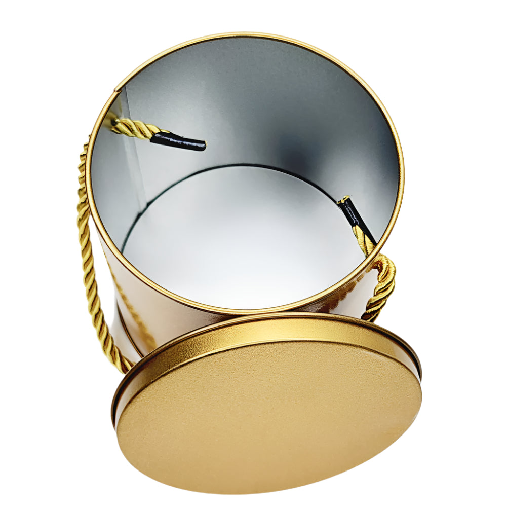 Hanging Rope Cake Tin Golden with lid shown at a slant angle on a white background for a detailed view.