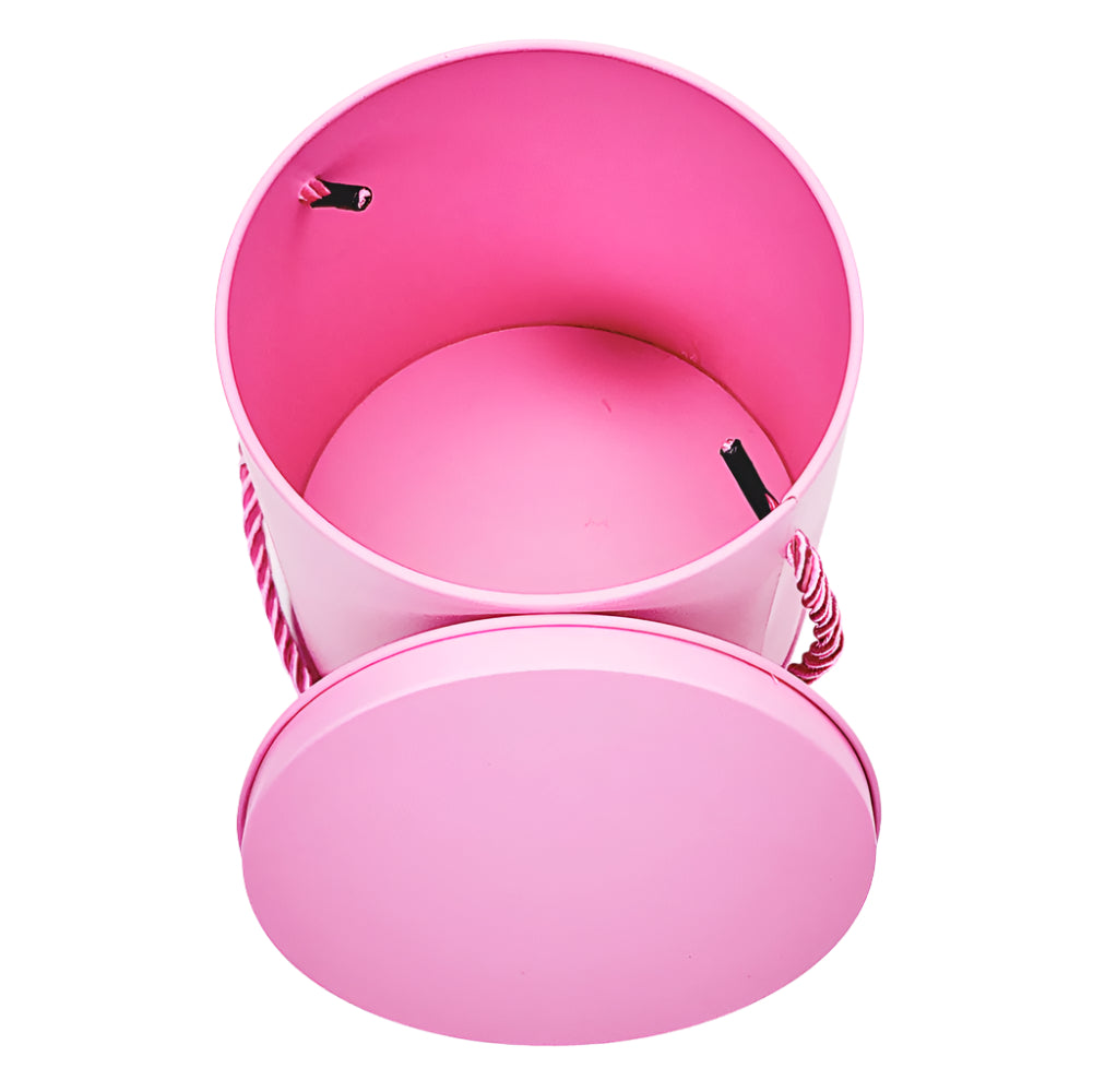 Hanging Rope Cake Tin Pink with lid shown at a slant angle on a white background for a detailed view.