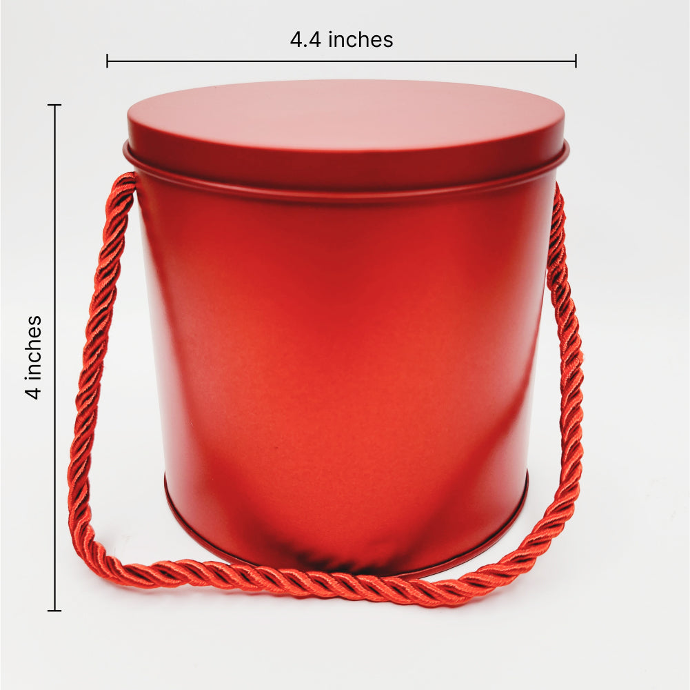 Dimensions of Hanging Rope Cake Tin Red displayed on a white background for easy reference.