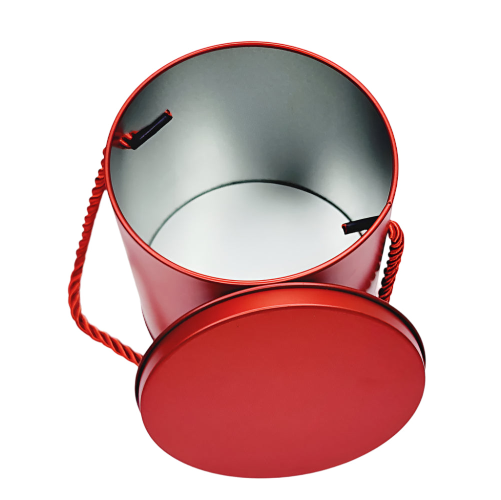Hanging Rope Cake Tin Red with lid shown at a slant angle on a white background for a detailed view.