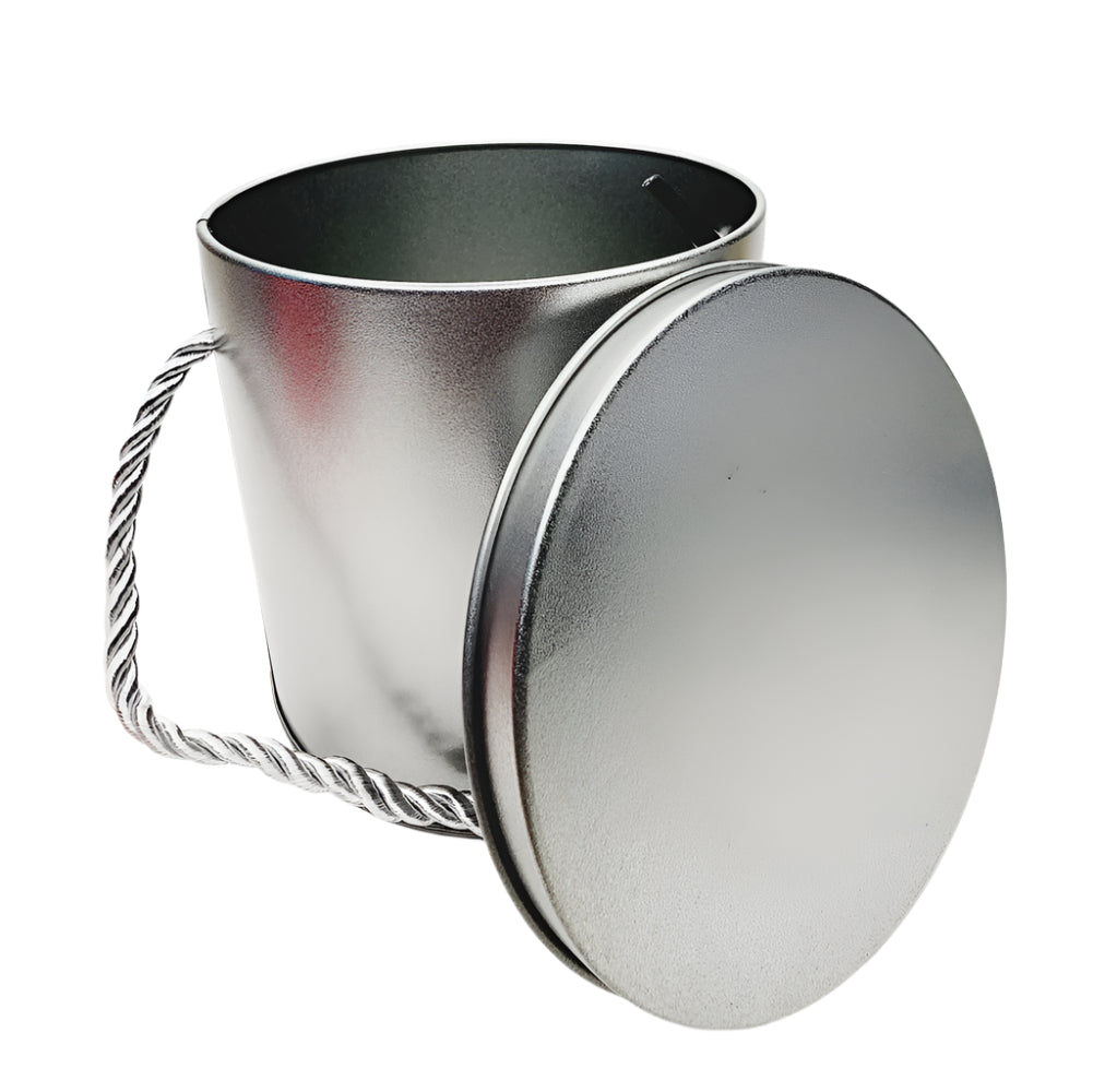 Hanging Rope Cake Tin Silver with lid placed on a white background for a clear view.