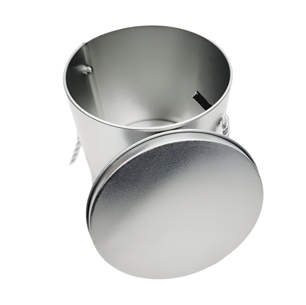 Hanging Rope Cake Tin Silver with lid shown at a slant angle on a white background for a detailed view.