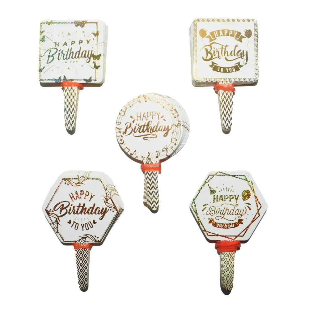 Happy Birthday Foil Paper Cake Tags (Design 1) displayed individually against a clean white background.