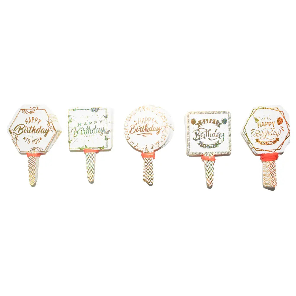 Multiple Happy Birthday Foil Paper Cake Tags (Design 1) neatly aligned in a row on a white background, showcasing the design details.