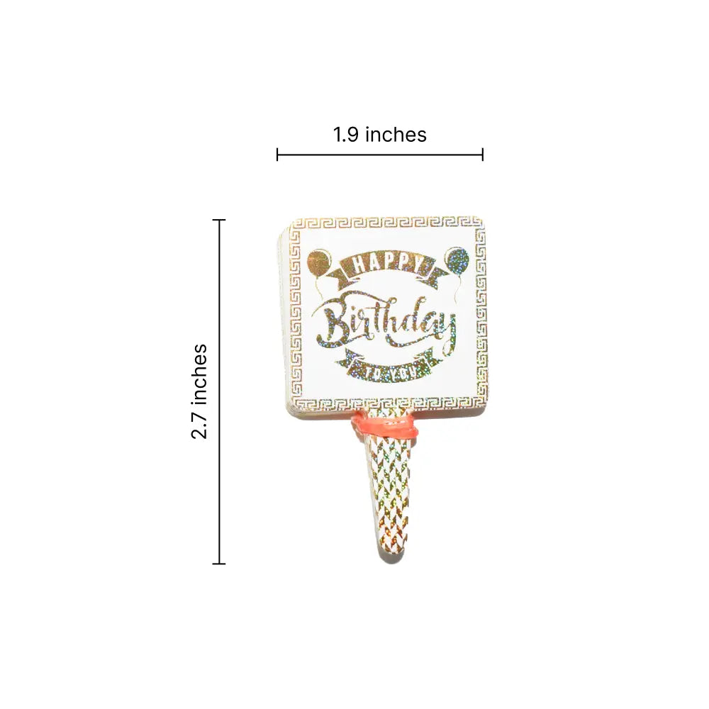 Dimensions of the Happy Birthday Foil Paper Cake Tags (Design 1), highlighting the size and proportions for cake decorating.