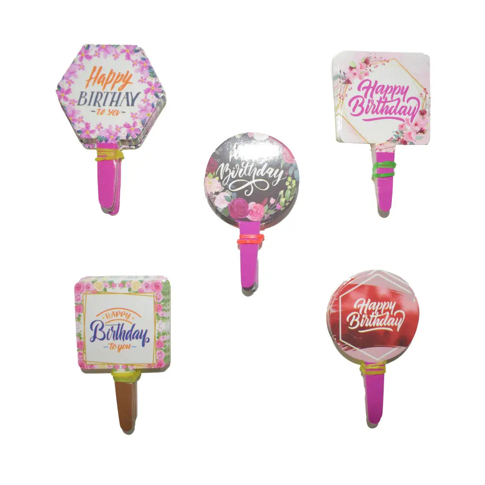 Multiple Happy Birthday Paper Cake Tags neatly aligned in a row on a white background, showcasing the design details.