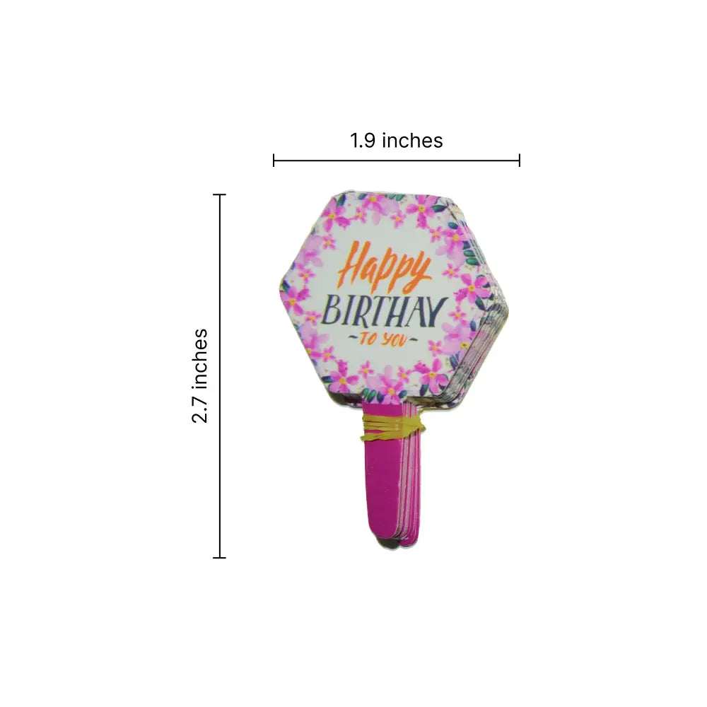 Dimensions of the Happy Birthday Paper Cake Tags, highlighting the size and proportions for cake decorating.