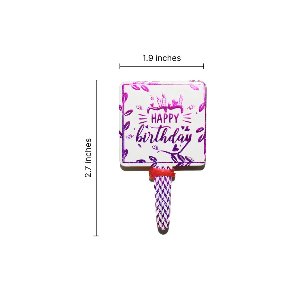 Dimensions of the Happy Birthday Foil Paper Cake Tags (Design 2), highlighting the size and proportions for cake decorating.
