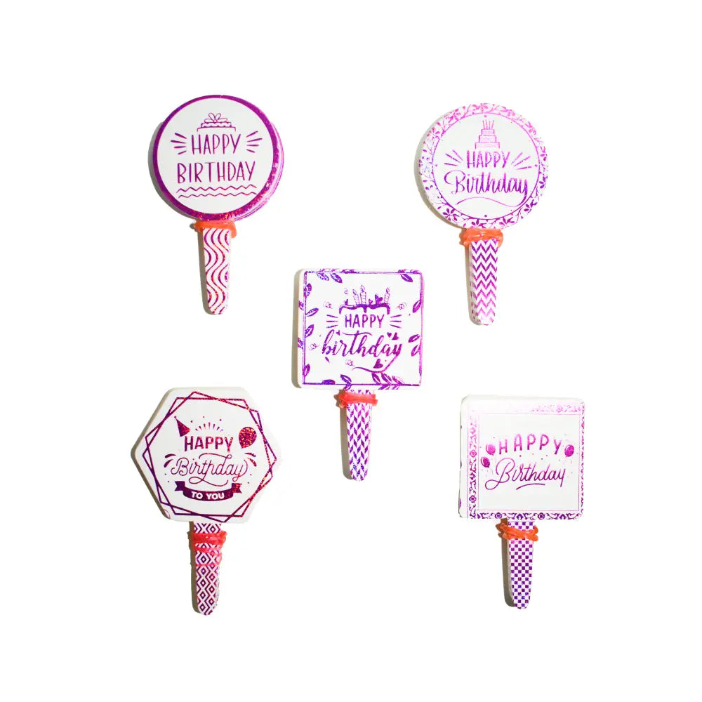 Multiple Happy Birthday Foil Paper Cake Tags (Design 2) neatly aligned in a row on a white background, showcasing the design details.