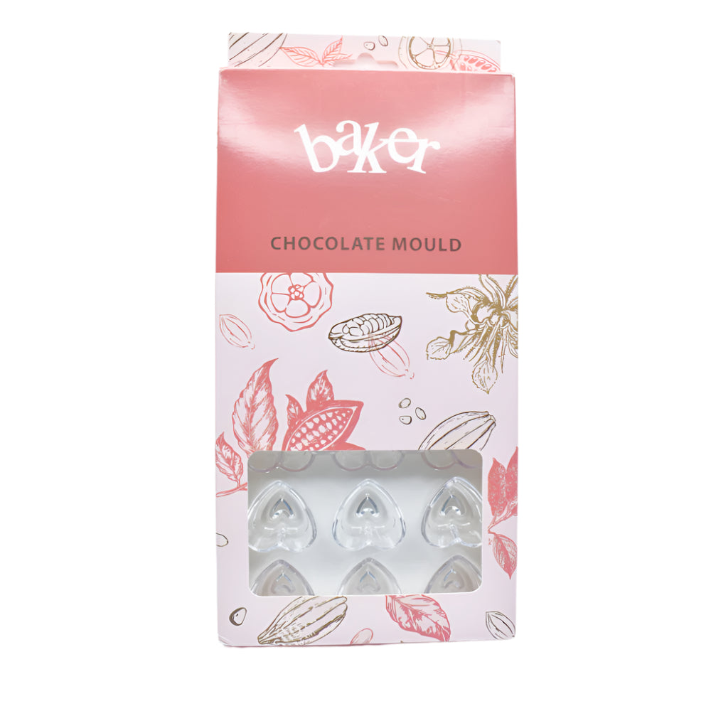 Heart Shaped Polycarbonate Chocolate Mold in its packaging displayed on a white background for a clear view.