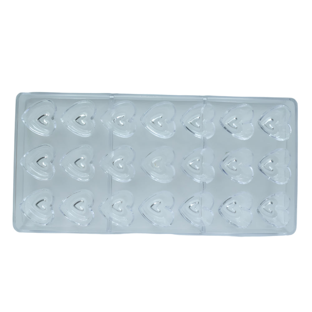 Heart Shaped Polycarbonate Chocolate Mold displayed on a clear white background for precise viewing of its shape and features.