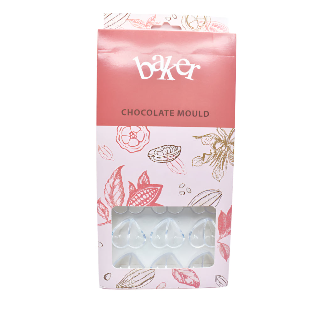 Heart Shaped Polycarbonate Chocolate Mold in its packaging displayed on a white background for a clear view.