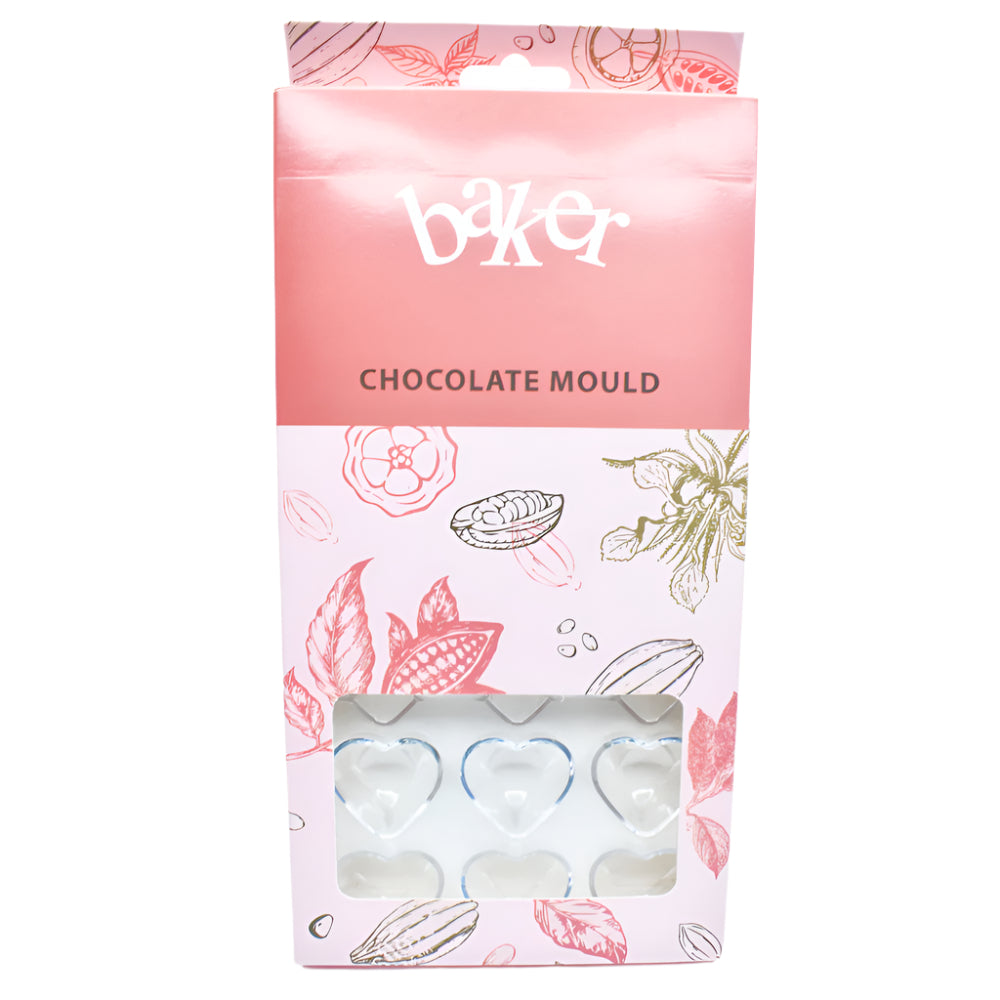 Heart Shaped Polycarbonate Chocolate Mold in its packaging displayed on a white background for a clear view.